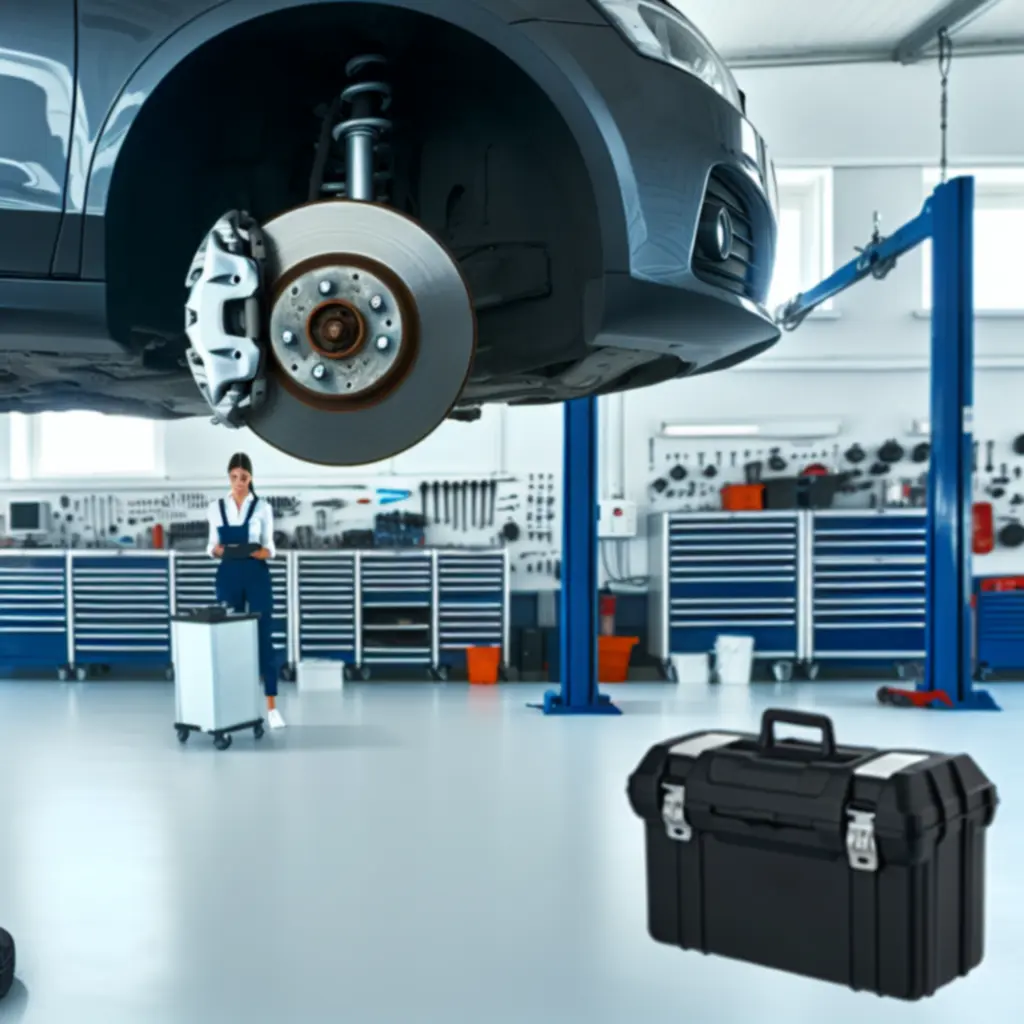 Close-up of a technician inspecting a car brake system in a modern Finnish workshop