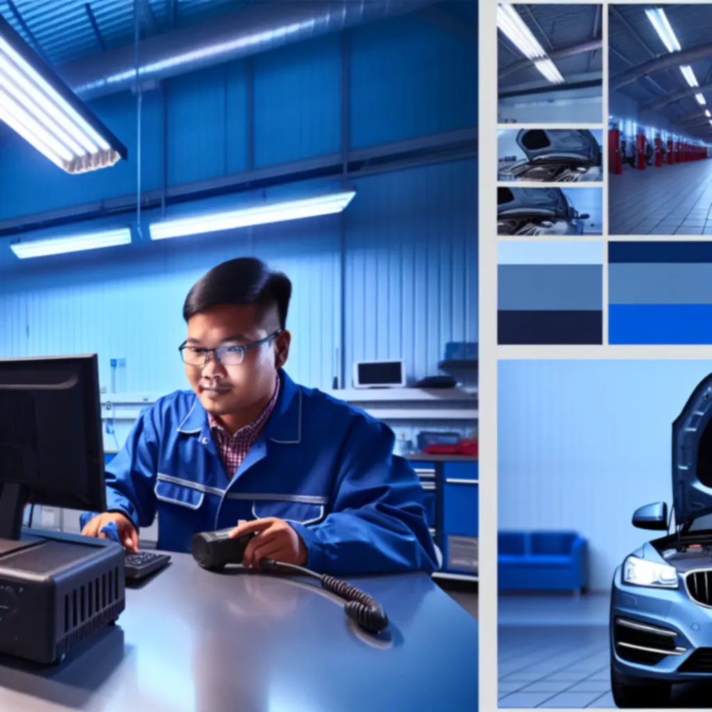 Vehicle diagnostics tools connected to a car in a professional workshop