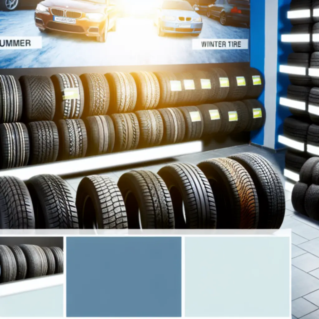 Display of seasonal summer and winter tires at Wizard Fixx