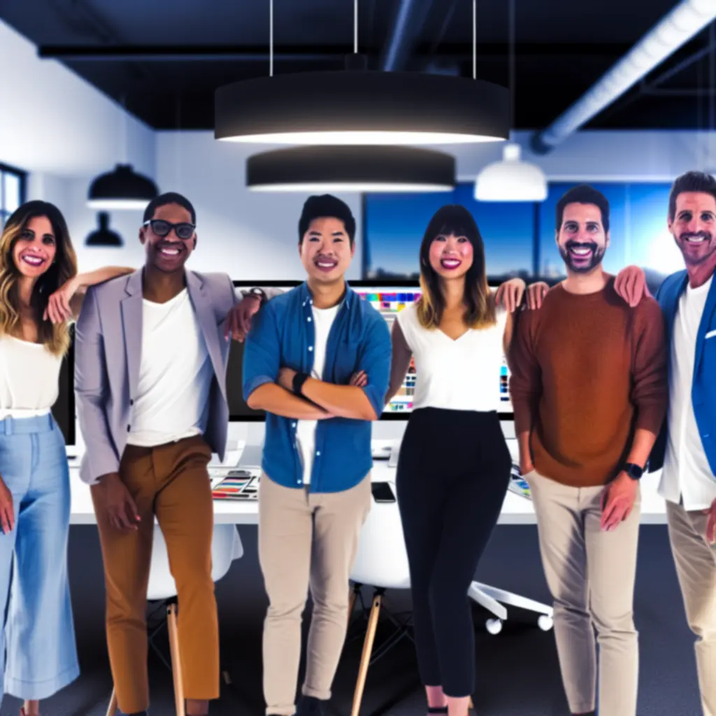 Team of digital marketing specialists collaborating in a modern, professional workspace.