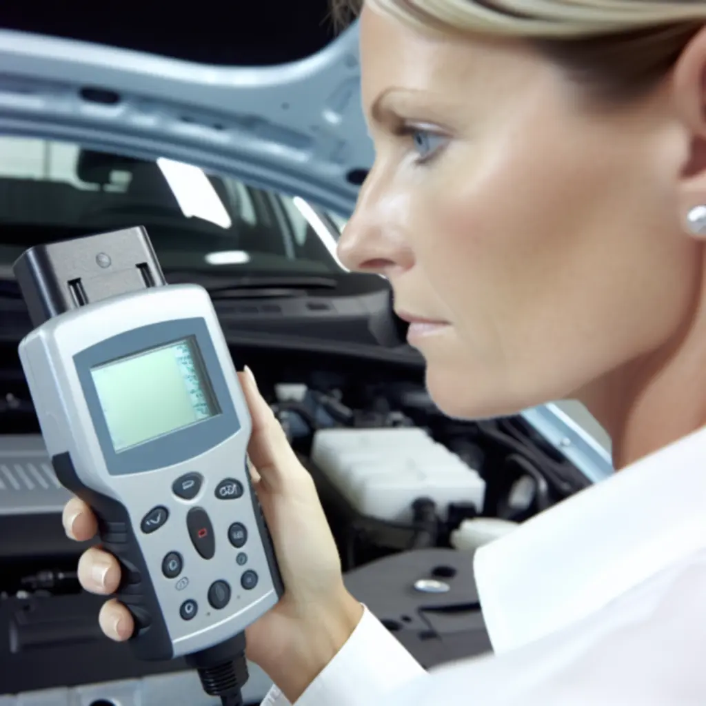 Technician scanning a vehicle with a diagnostic device